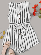 Load image into Gallery viewer, Buttoned Front Belted Striped Romper