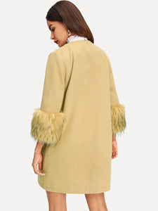 Faux Fur Cuff Pocket Front Coat