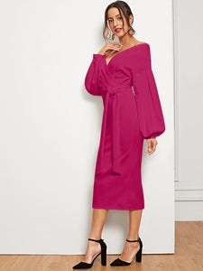 Blouson Sleeve Surplice Wrap Split Hem Dress