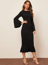 Load image into Gallery viewer, Bell Sleeve Fishtail Hem Solid Dress