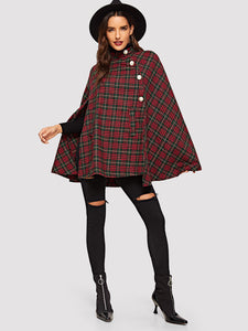 Button Front Plaid Print Cape Coat