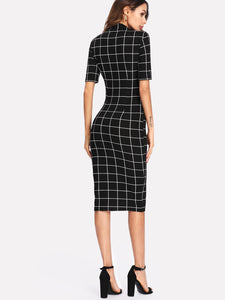 Mock Neck Grid Fitted Dress