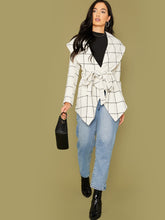 Load image into Gallery viewer, Grid Print Hanky Hem Belted Waterfall Coat