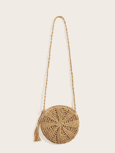 Tassel Detail Round Straw Crossbody Bag