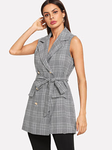 Double Button Belted Plaid Vest Blazer