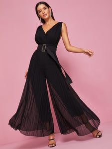 Backless Pleated Wide Leg Belted Jumpsuit