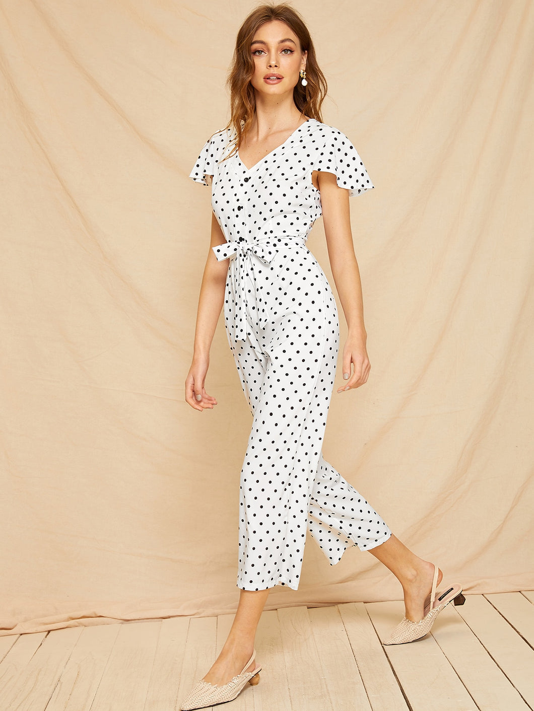 Button Polka Dot Self Tie Jumpsuit