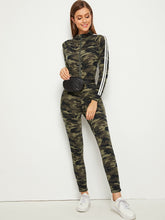 Load image into Gallery viewer, Camo Print Striped Tape Raglan Sleeve Unitard Jumpsuit