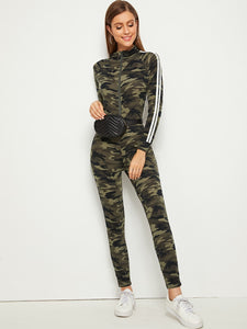 Camo Print Striped Tape Raglan Sleeve Unitard Jumpsuit