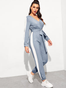 Surplice Neck Self Belted Colorblock Jumpsuit