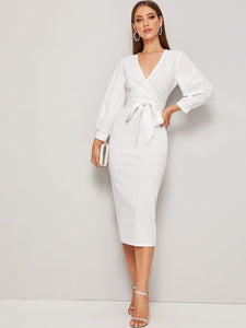 Self Belted Split Hem Surplice Wrap Dress