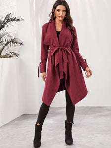 Draped Collar Tie Sleeve Self Belted Coat