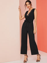 Load image into Gallery viewer, Contrast Lace V-neck Self Tie Jumpsuit