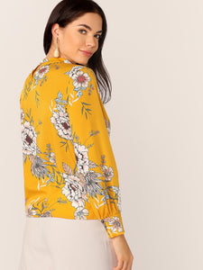 Mock-neck Floral Print Keyhole Back Blouse