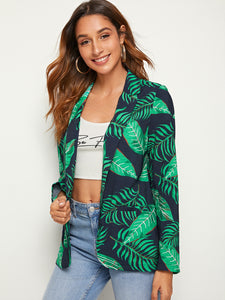 Notch Collar Tropical Print Blazer