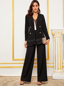 Notched Collar Double Breasted Layered Tassel Hem Blazer