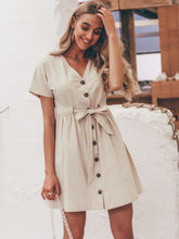 Load image into Gallery viewer, Simplee Button Front Tie Waist Tea Dress