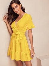 Load image into Gallery viewer, Surplice Wrap Belted Ruffle Hem Dress