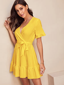 Surplice Wrap Belted Ruffle Hem Dress