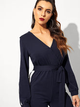 Load image into Gallery viewer, Surplice Neck Self Belted Colorblock Jumpsuit