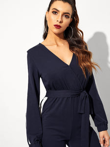 Surplice Neck Self Belted Colorblock Jumpsuit