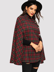 Button Front Plaid Print Cape Coat