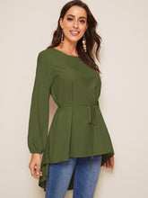 Load image into Gallery viewer, High Low Bishop Sleeve Drop Shoulder Belted Blouse