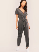 Load image into Gallery viewer, Surplice Neck Rolled Sleeve Belted Jumpsuit