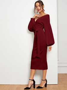 Blouson Sleeve Slit Hem Surplice Bardot Dress