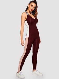 Color-block Lettering Strap Tank Jumpsuit