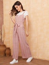 Load image into Gallery viewer, Notch Neck Self Belted Wide Leg Grid Jumpsuit