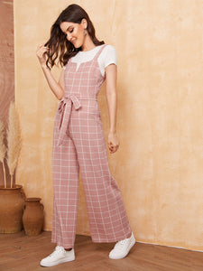 Notch Neck Self Belted Wide Leg Grid Jumpsuit