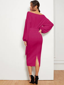 Blouson Sleeve Surplice Wrap Split Hem Dress