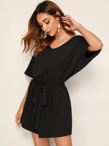 Solid Cuffed Self Belted Romper