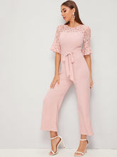 Load image into Gallery viewer, Lace Yoke Ruffle Cuff Belted Jumpsuit