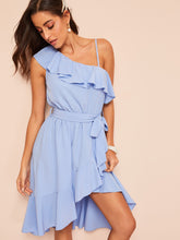 Load image into Gallery viewer, Asymmetric Shoulder Flounce Surplice Dress With Belt