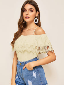 Cold Shoulder Guipure Lace Trim Top