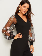 Load image into Gallery viewer, 3D Flower Applique Bishop Sleeve Jumpsuit