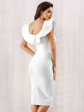 Load image into Gallery viewer, Adyce Zip Back Ruffle Trim Slit Hem Pencil Dress