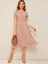 Load image into Gallery viewer, 70s Ditsy Floral Tie Neck Ruffle Trim Dress