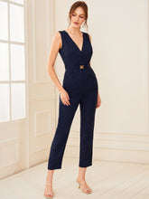 Load image into Gallery viewer, Surplice Neck Buckle Belted Slant Pocket Jumpsuit