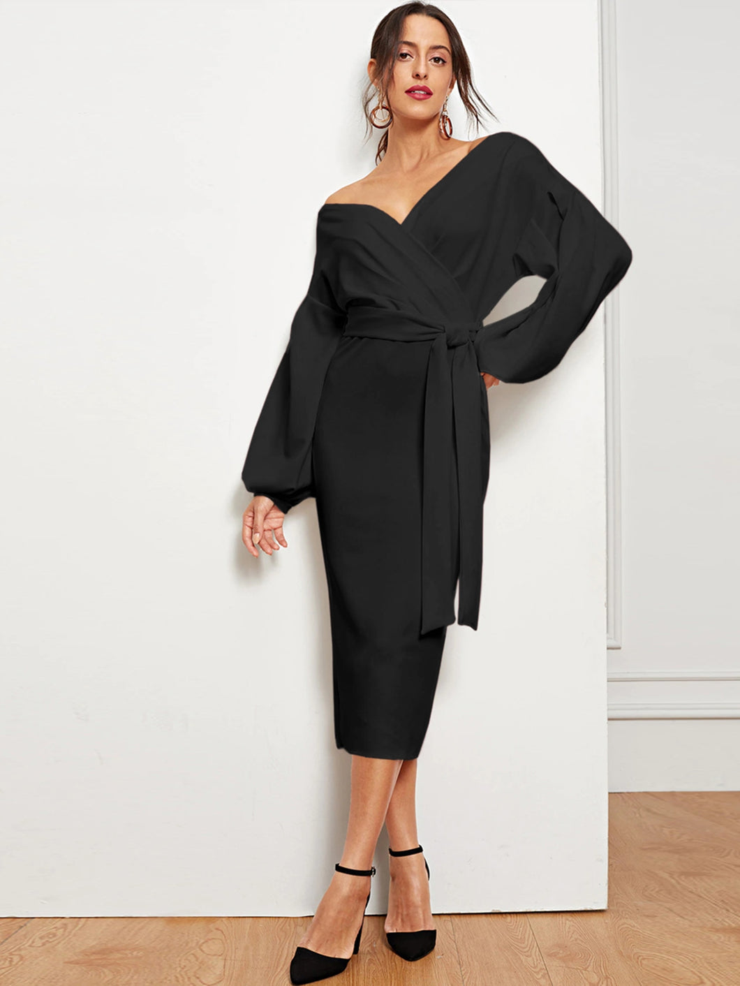 Blouson Sleeve Slit Hem Surplice Bardot Dress