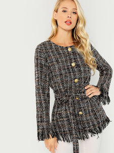 Raw Hem Belted Tweed Coat