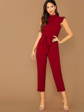 Load image into Gallery viewer, Mock-Neck Ruffle Cuff Self Belted Jumpsuit