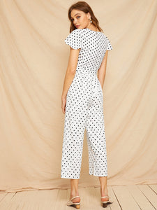 Button Polka Dot Self Tie Jumpsuit