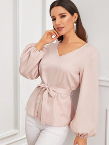 Solid Bishop Sleeve Belted Top