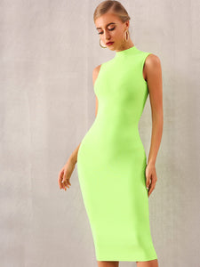 Adyce Neon Green Mock-neck Sleeveless Pencil Dress