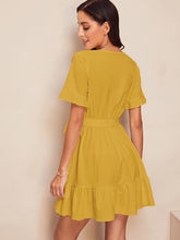 Load image into Gallery viewer, Surplice Wrap Belted Ruffle Hem Dress