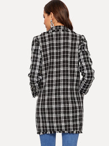 Notch Collar Frayed Edge Plaid Longline Tweed Coat