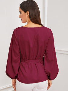 Solid Bishop Sleeve Belted Top